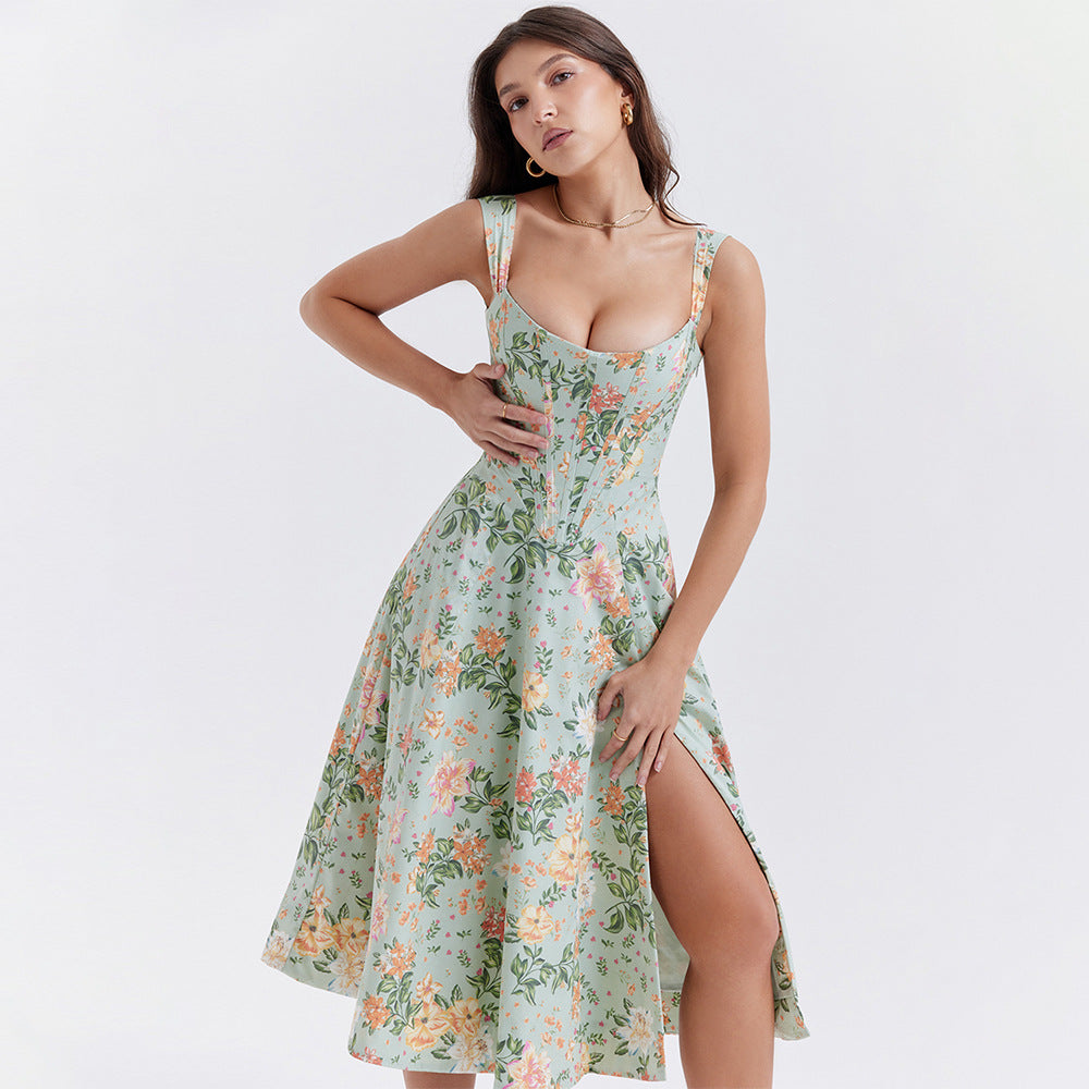 Floral Backless Midi Dress with Spaghetti Straps