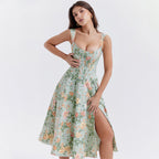 Floral Backless Midi Dress with Spaghetti Straps