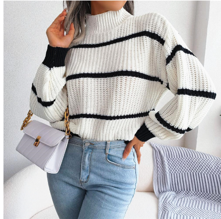Women's Striped Half Turtleneck Knit Sweater