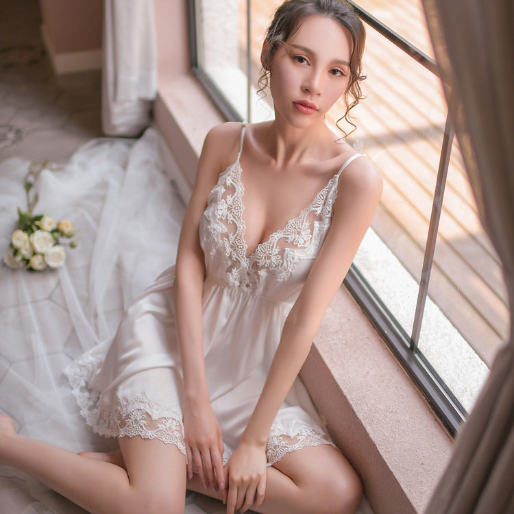 Lace Satin Nightgown with Spaghetti Straps