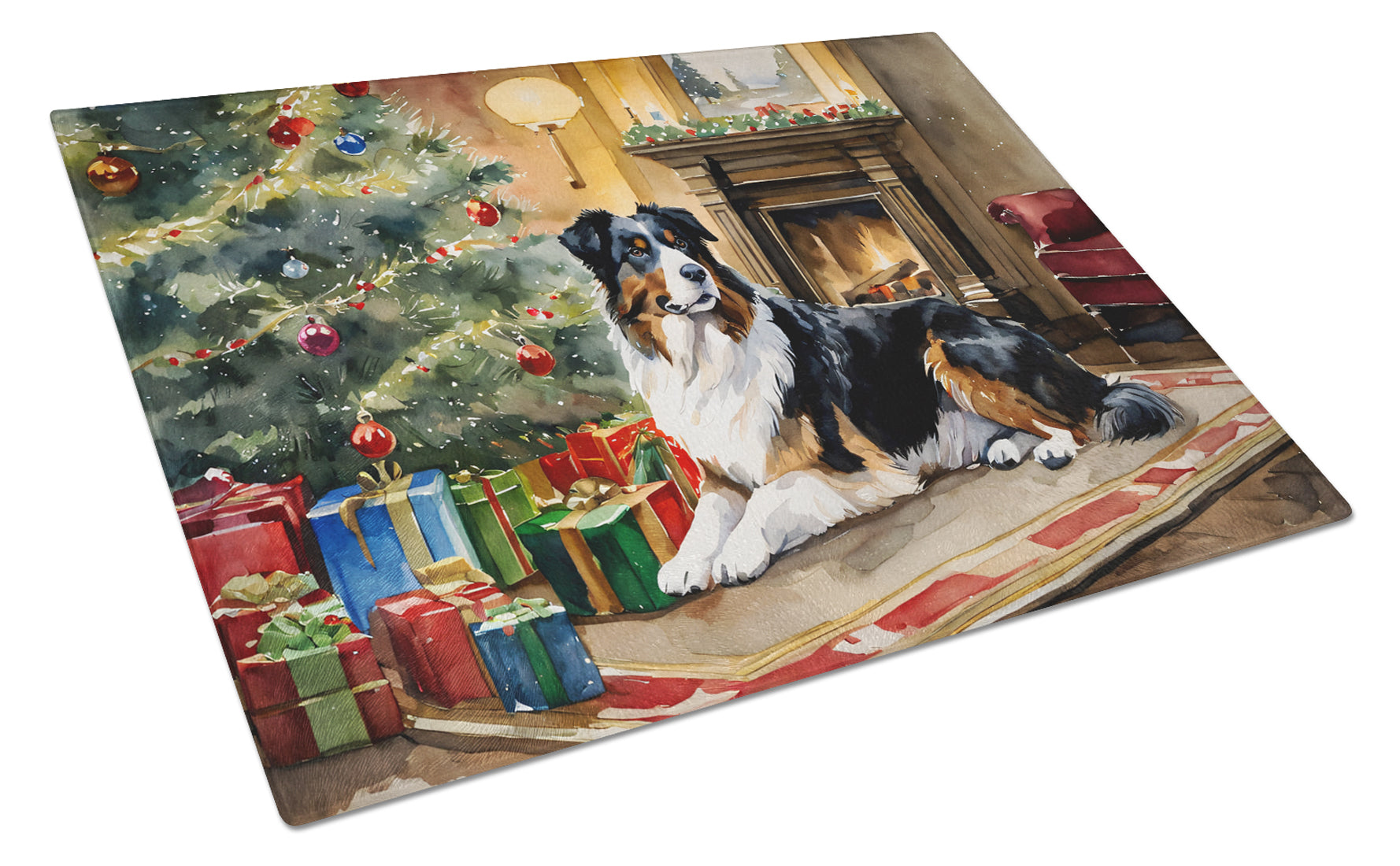 Australian Shepherd Cozy Christmas Glass Cutting Board