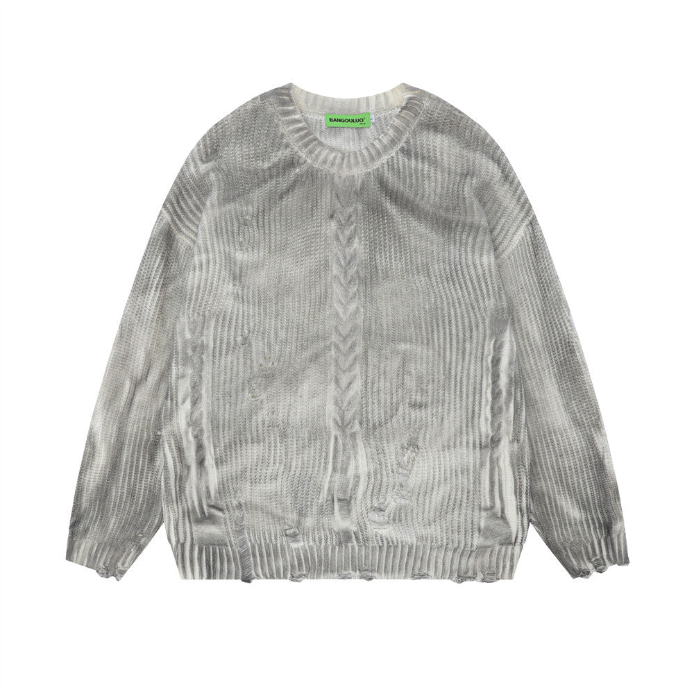 Distressed Round Neck Men's Crocheted Pullover Sweater | Streetwear