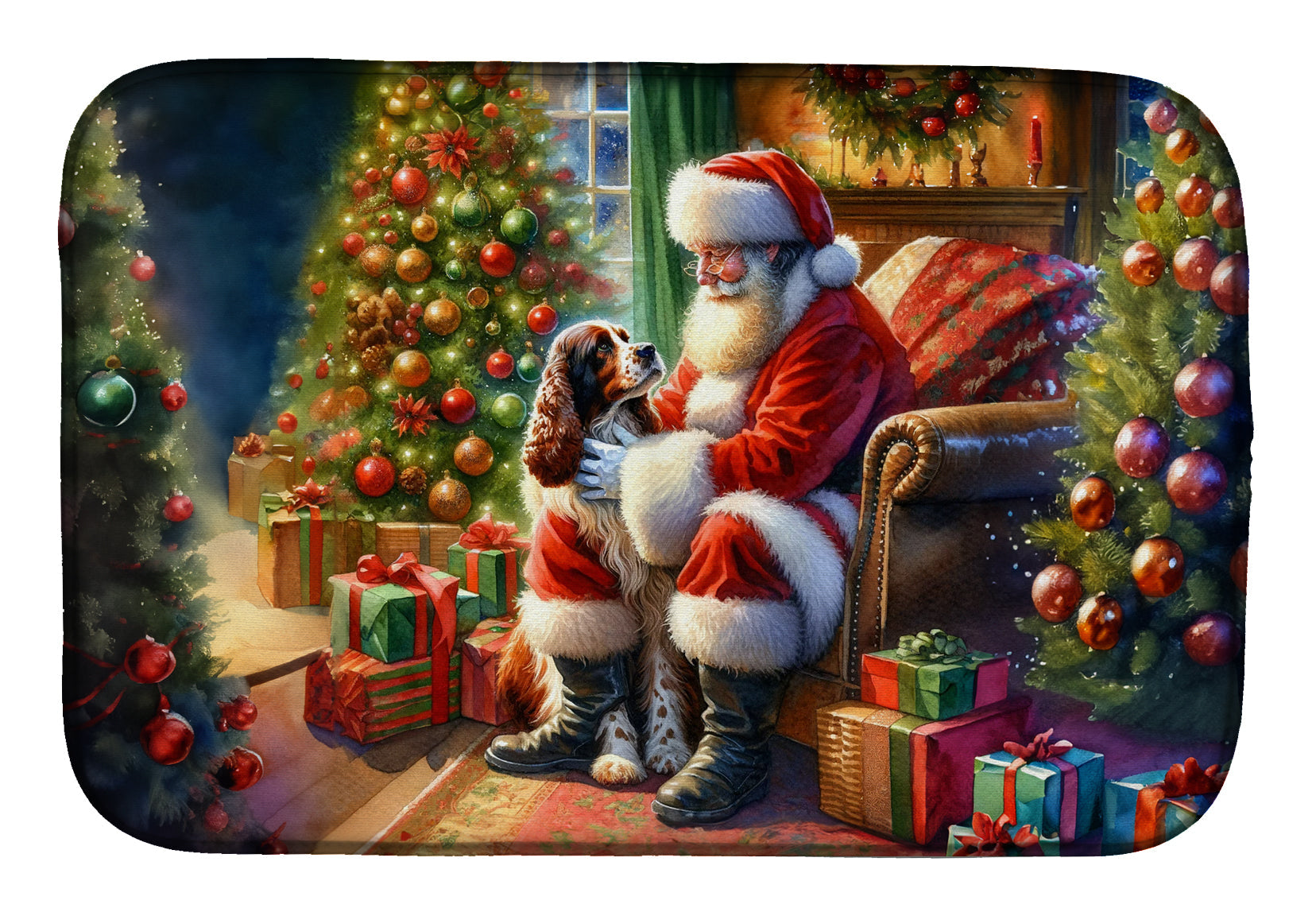 Welsh Springer Spaniel and Santa Claus Dish Drying Mat