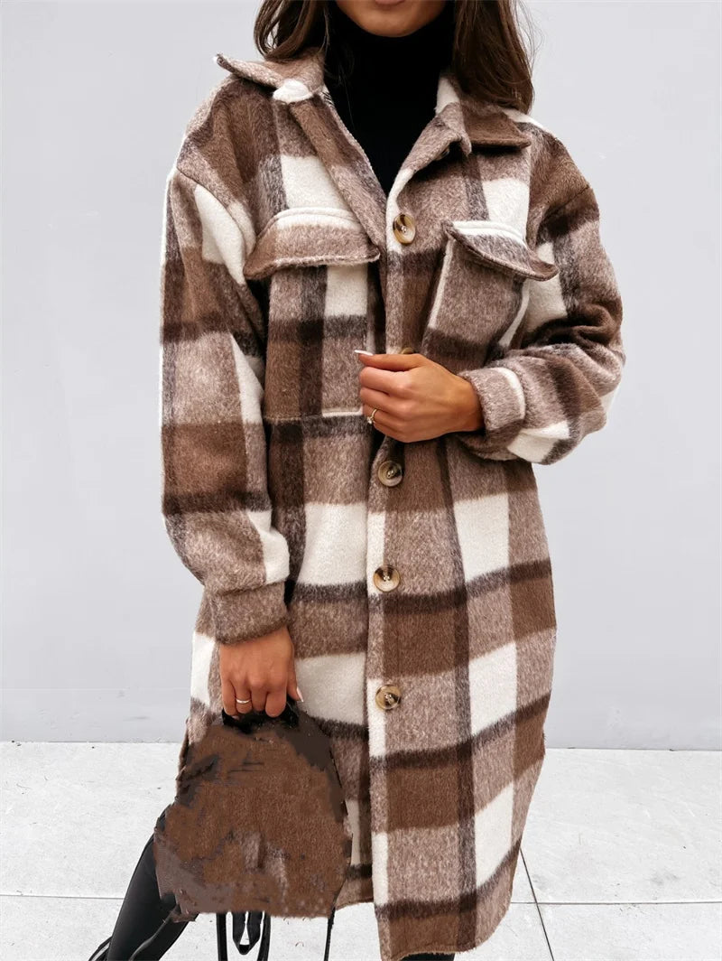 Women's Long Check Tweed Cardigan with Pockets