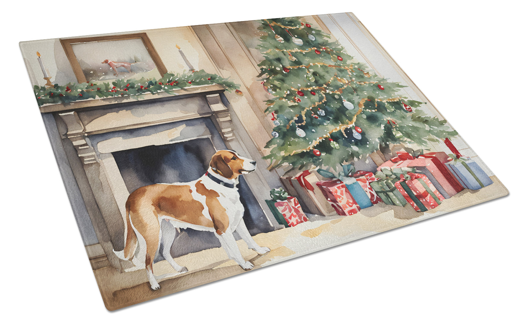English Foxhound Cozy Christmas Glass Cutting Board