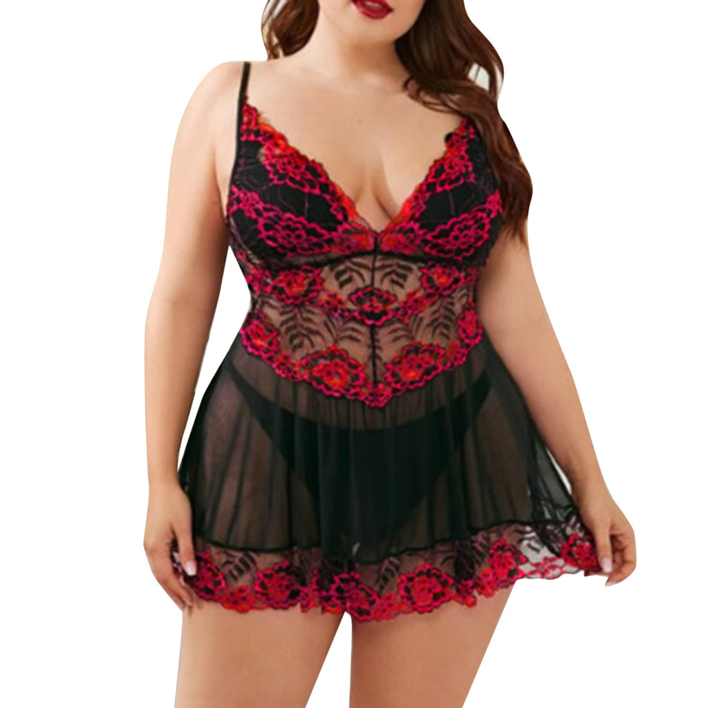 Plus Size Sexy Lace Babydoll Nightdress with Embroidery