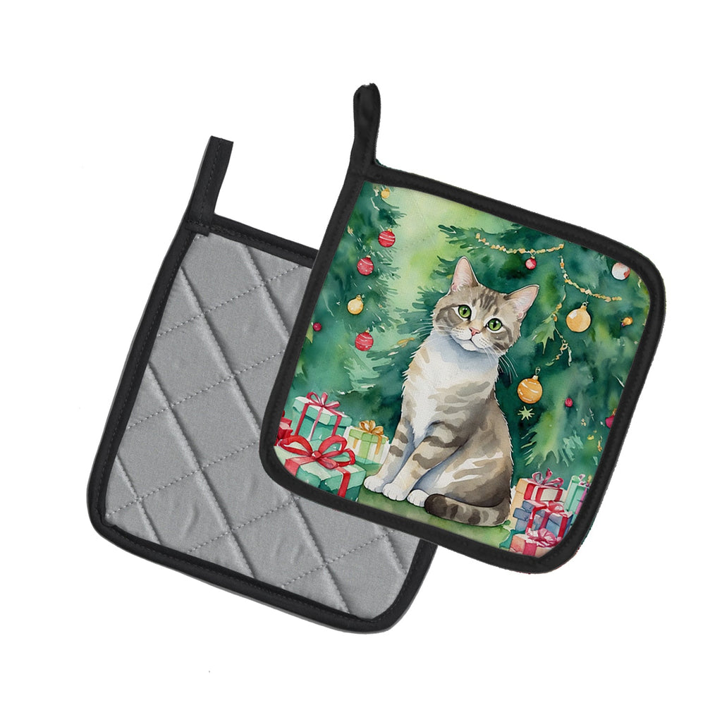 Pudelkatze Cat By the Christmas Tree Pair of Pot Holders