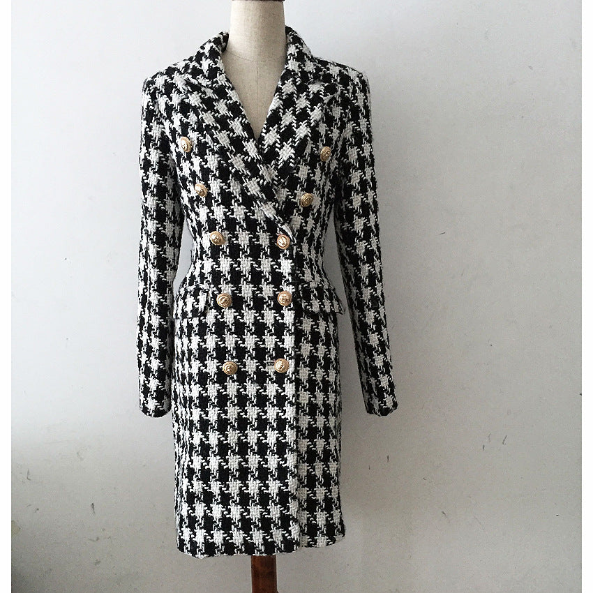 Double-breasted Houndstooth Women's Coat with Buckles