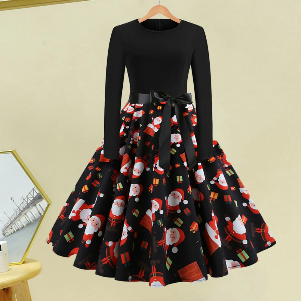 A-line Long Sleeve Christmas Dress with Santa Print