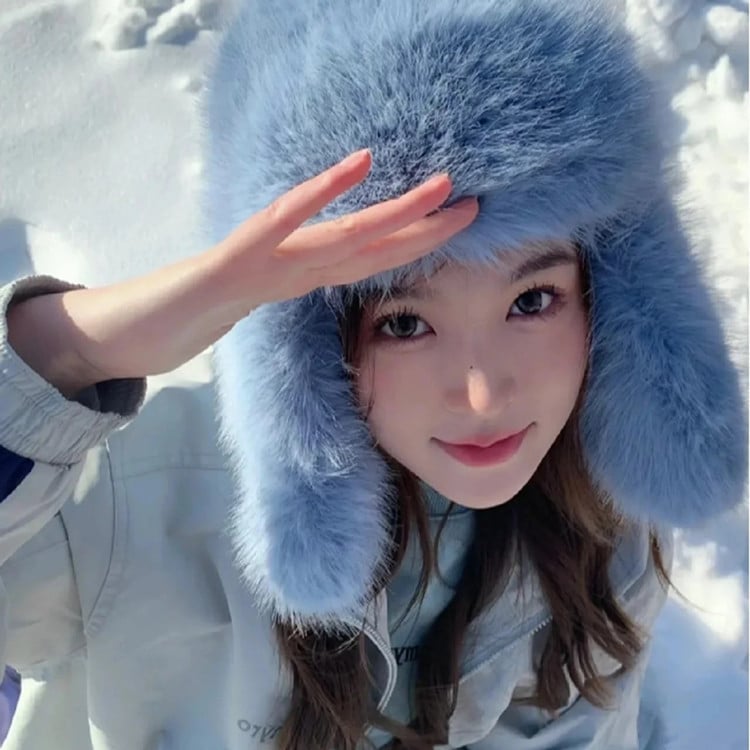 Blue Velvet Ushanka Hat with Thermal Furry Earmuffs | Embroidered Cap