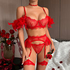 Lace and Feather Color Block Lingerie Set with Chains