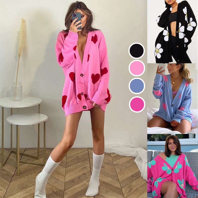Women's Mid-Length V-Neck Loose Sweater with Love Print