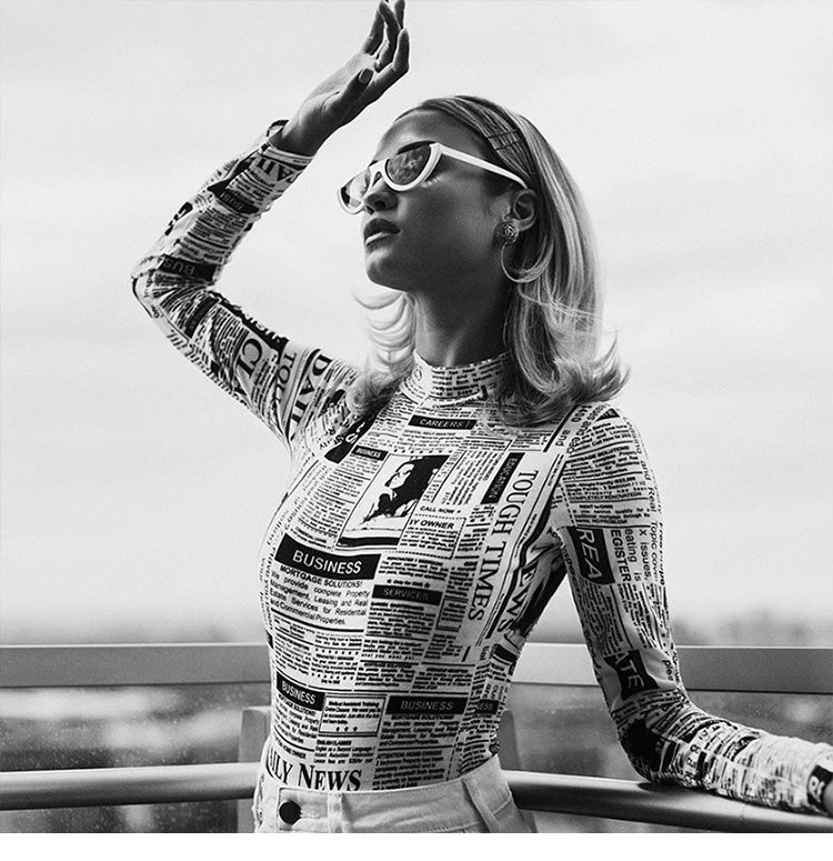 Printed Stand Collar Bodysuit with Long Sleeves
