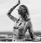 Printed Stand Collar Bodysuit with Long Sleeves