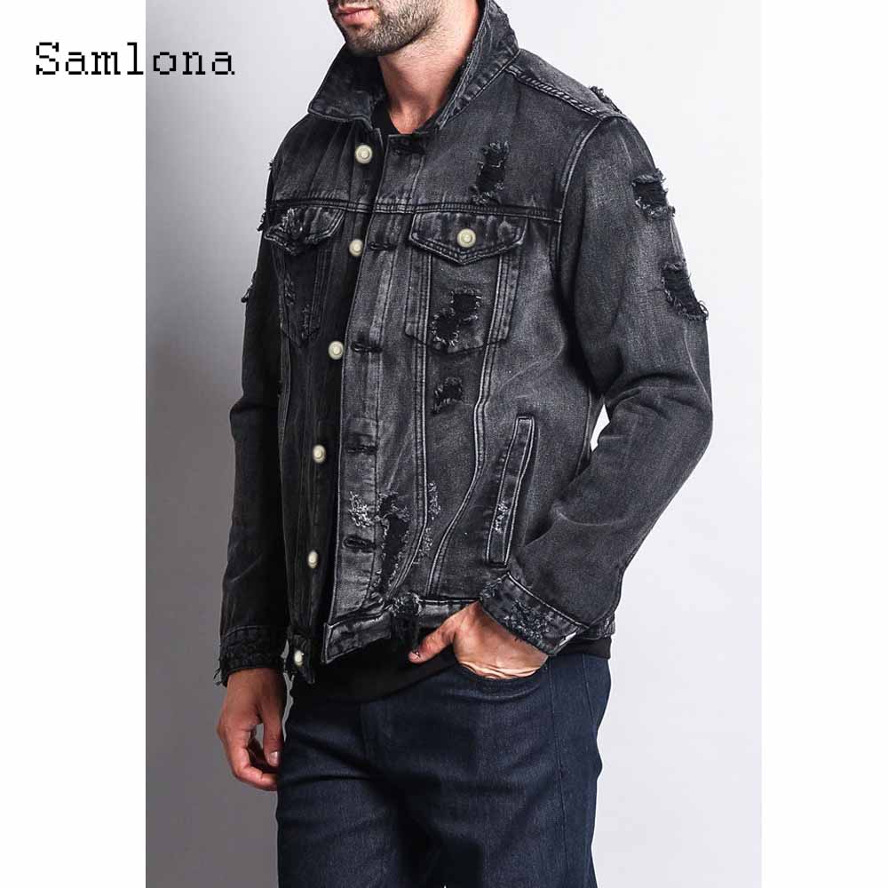 Men's Long Sleeve Ripped Denim Jacket for Casual Wear