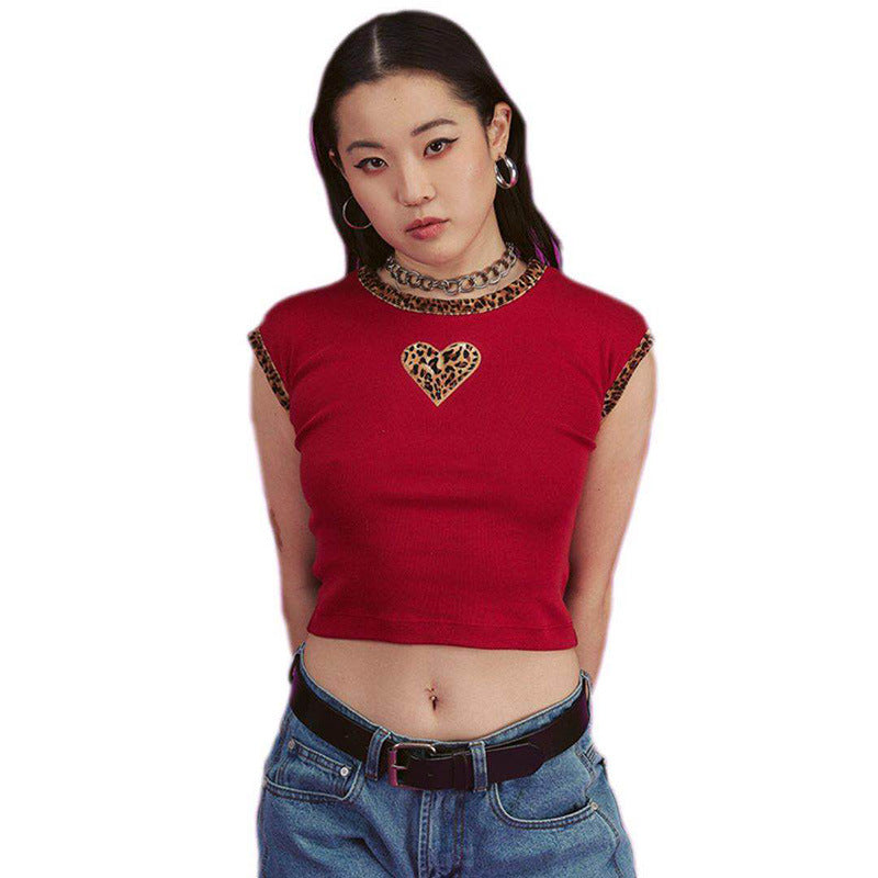 Leopard Print Heart Crop Top Sleeveless T-Shirt