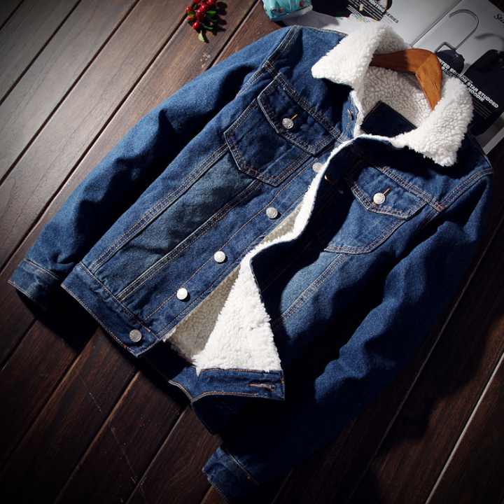 Men's Oversized Denim Bomber Jacket with Fur Lining