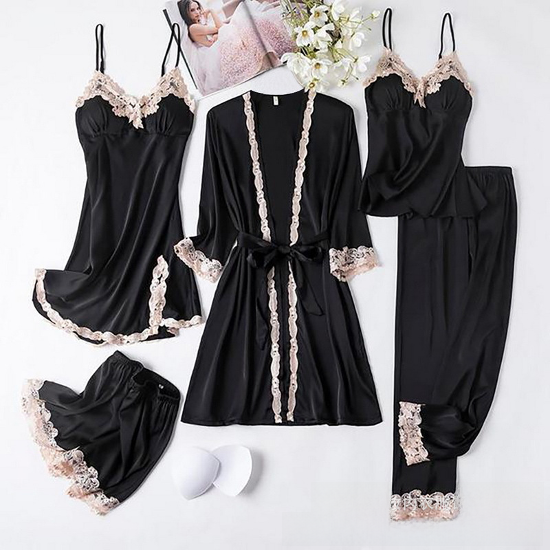 KF Women's Spring Autumn Lace Nightgown Set with Removable Pads