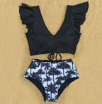 Vintage Floral High-Waisted Bikini with Ruffle Top