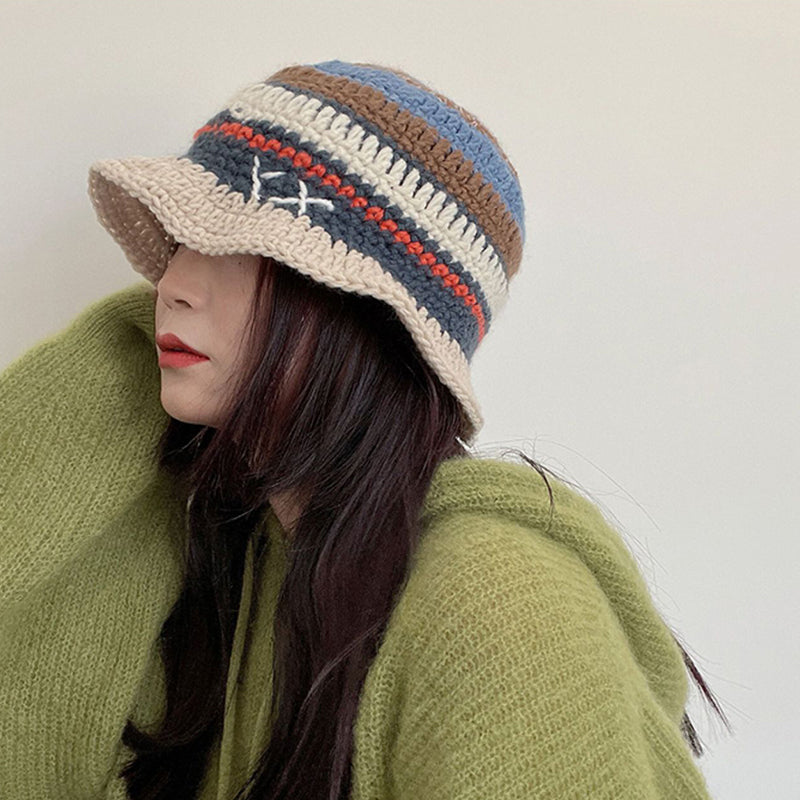 Color Stripe Wool Fisherman Hat for Kids | Embroidered Cap
