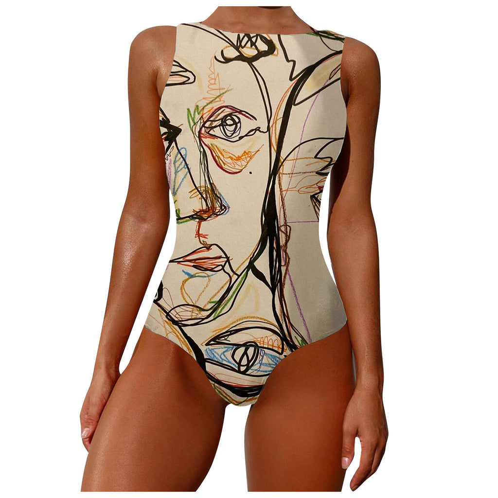 Women's Abstract Print High Neck Backless Swimsuit