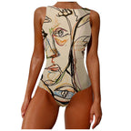 Women's Abstract Print High Neck Backless Swimsuit