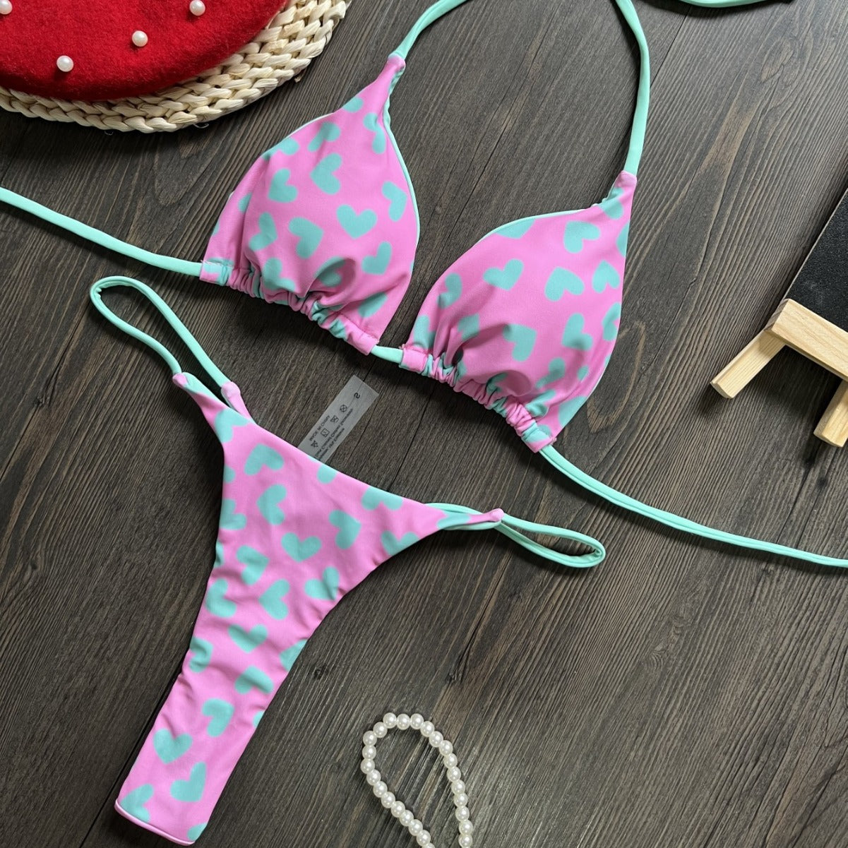 2024 New Heart Print Backless Bikini Swimsuit