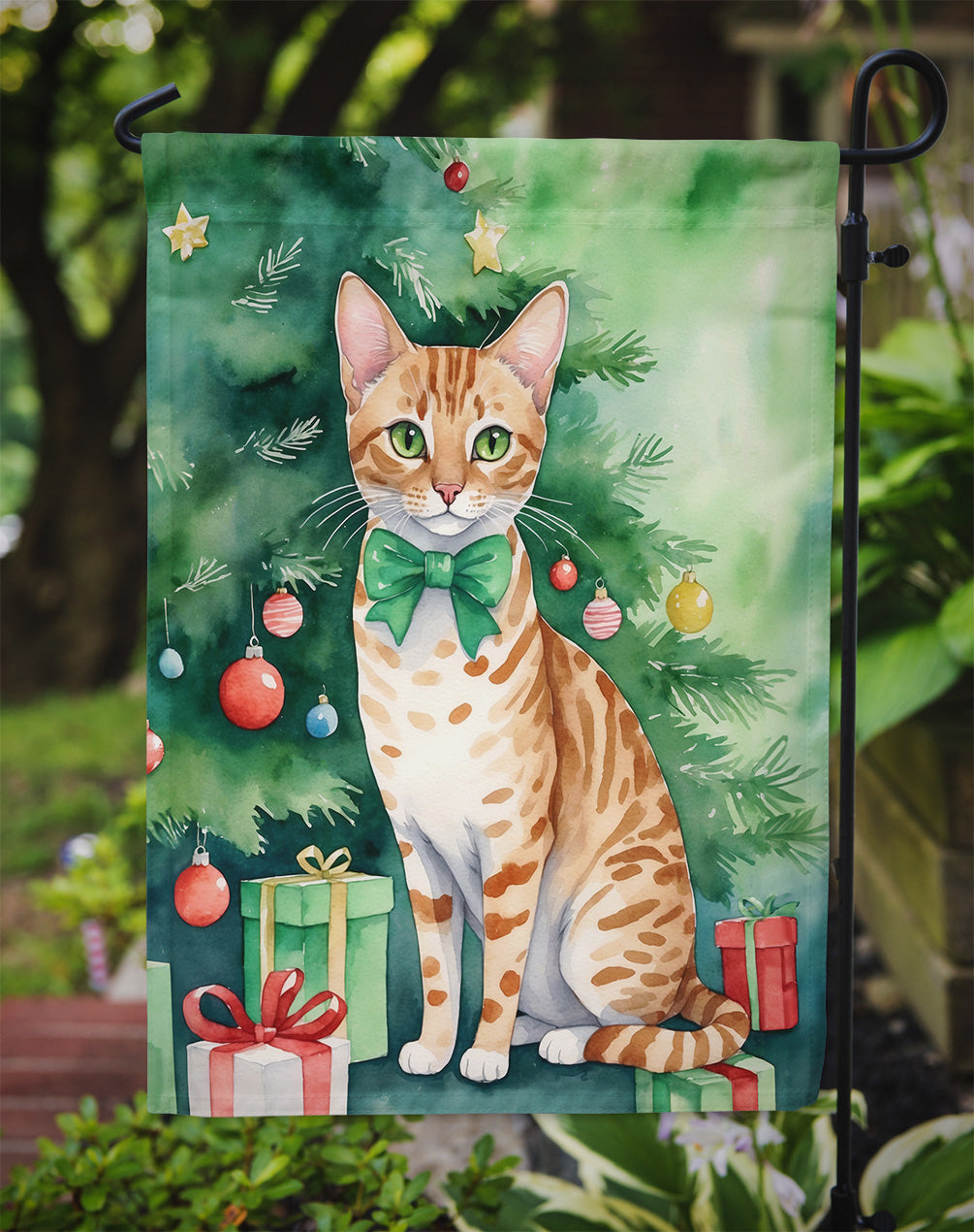 Ocicat Cat By the Christmas Tree Garden Flag