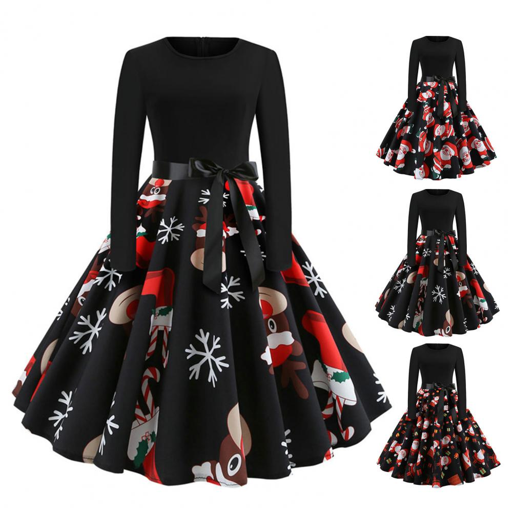 A-line Long Sleeve Christmas Dress with Santa Print