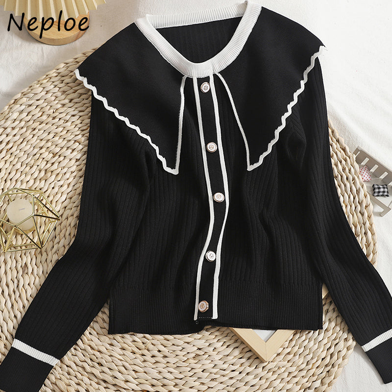 Chic Contrast Color Peter Pan Collar Knit Sweater for Women
