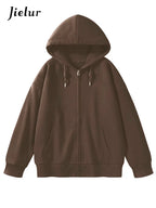 Jielur Solid Color Comfortable Women's Zip-Up Hoodie | Streetwear