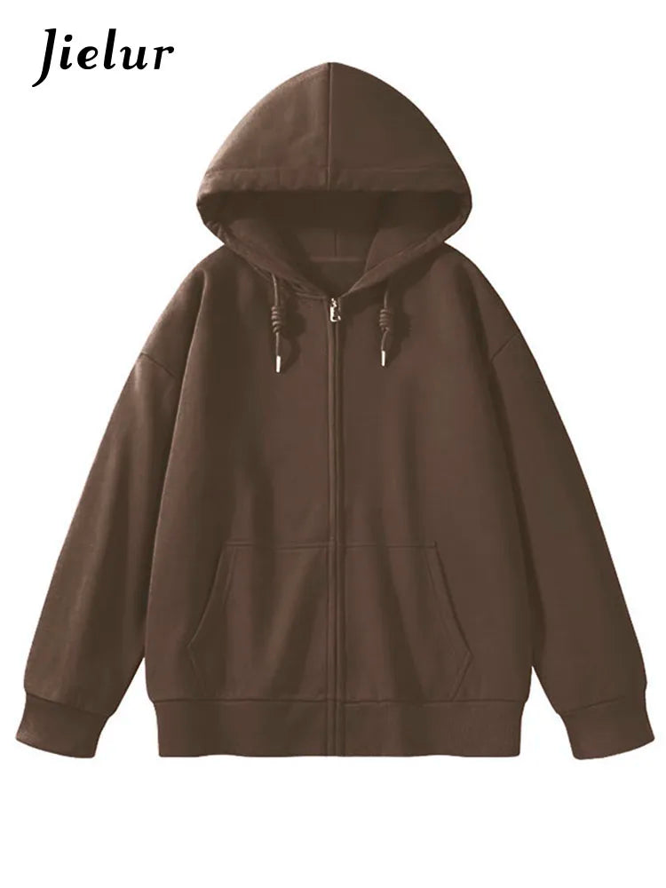 Jielur Solid Color Comfortable Women's Zip-Up Hoodie | Streetwear