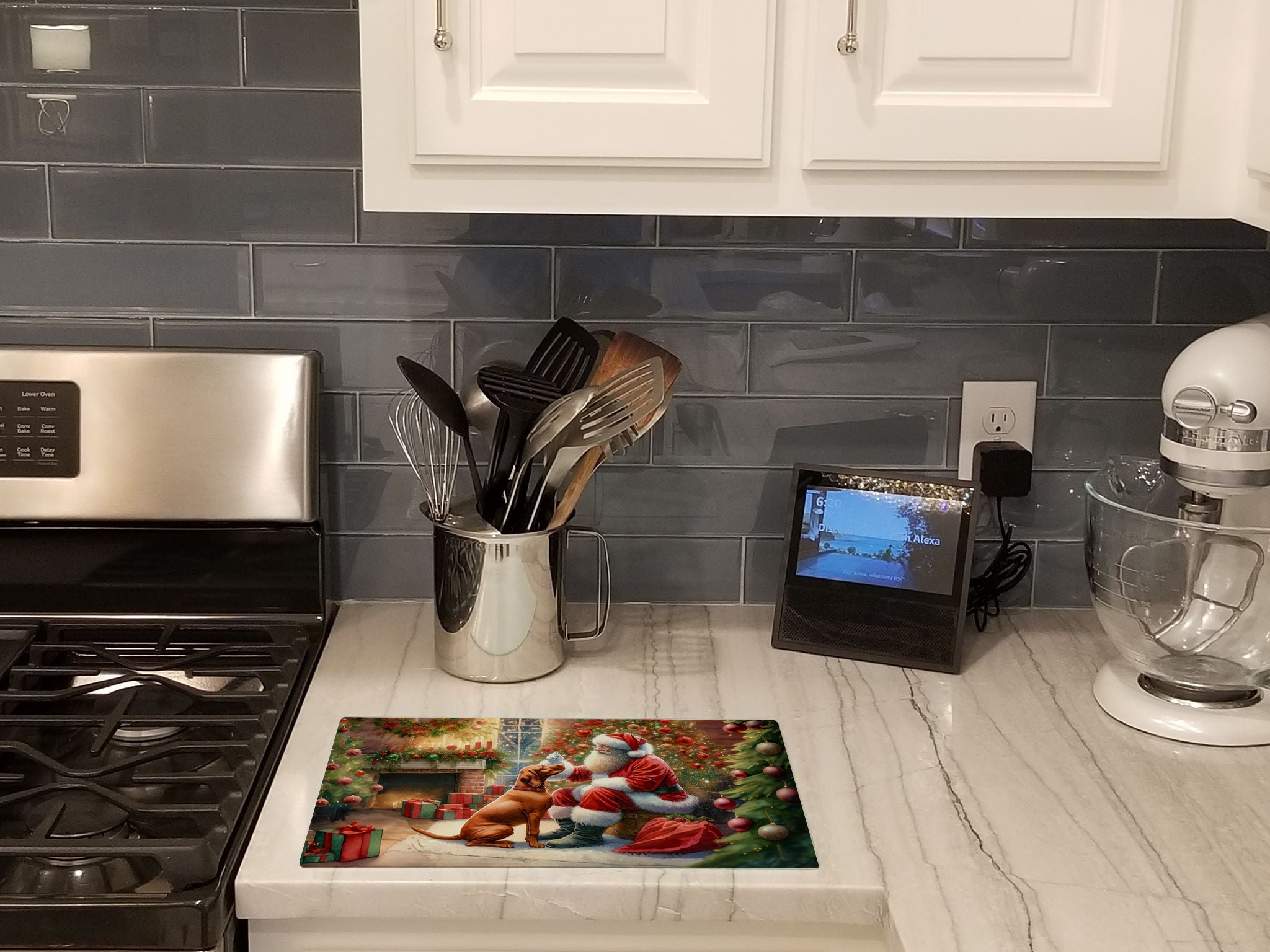Vizsla and Santa Claus Glass Cutting Board