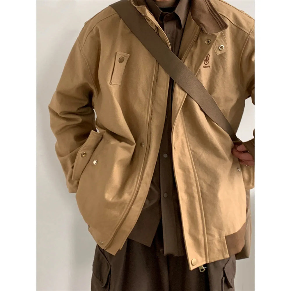 Retro Color Block Embroidery Workwear Coat Jacket