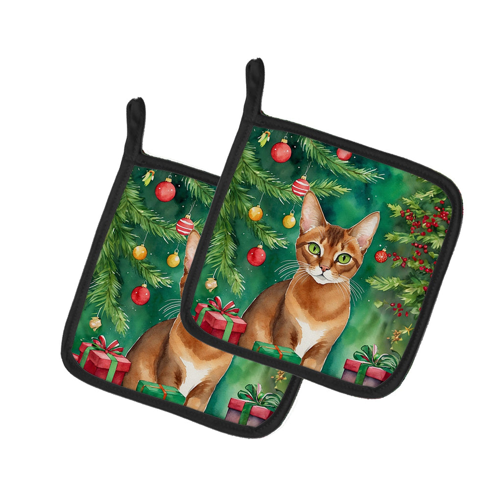 Abyssinian Cat By the Christmas Tree Pair of Pot Holders