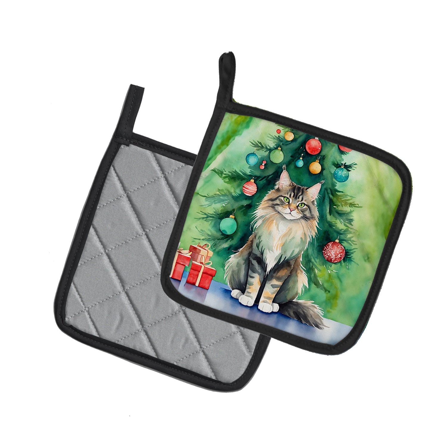 MaineCoon Cat By the Christmas Tree Pair of Pot Holders