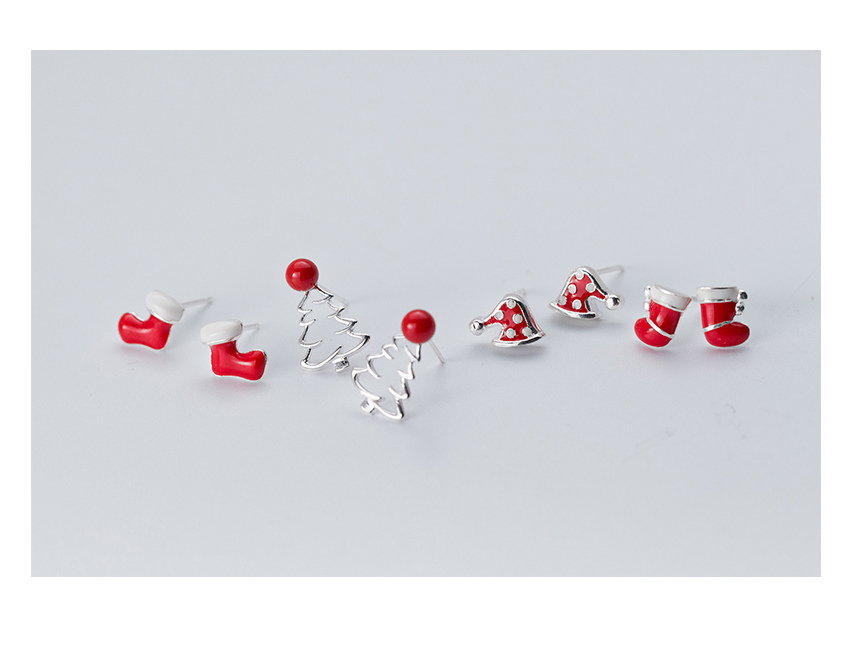 Silver Christmas Earrings with Cute Hat and Tree