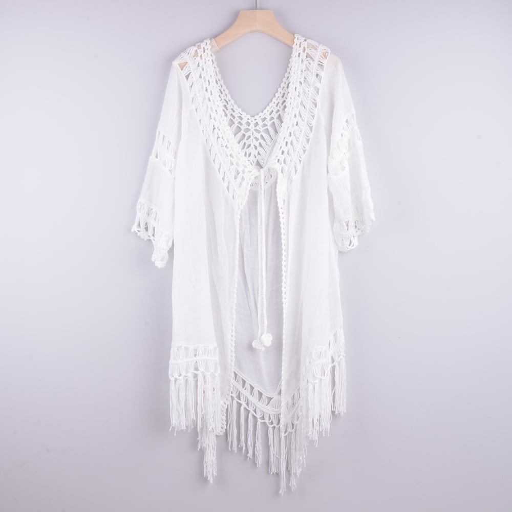 Fringed Strappy Bikini with Cardigan Beach Blouse