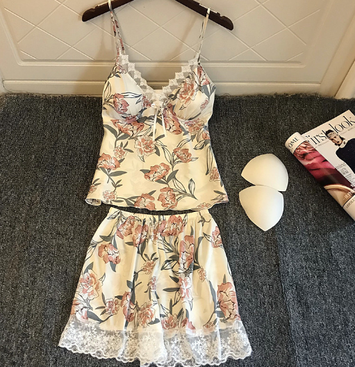 Spring Summer Sexy Camisole Shorts Pajama Set with Pad