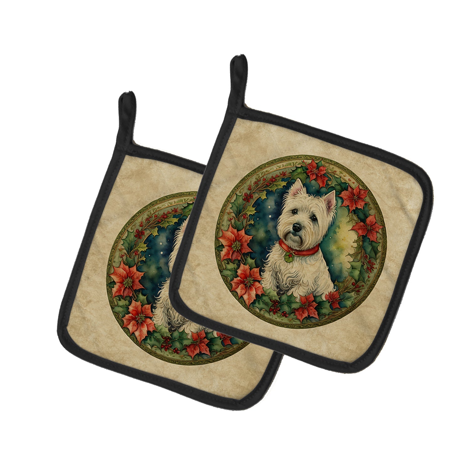 Westie Christmas Flowers Pair of Pot Holders
