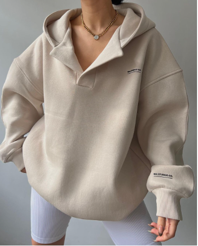 Fleece-lined Hooded Printed Long-sleeve Sweater