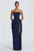 Tube Top Pleated Slit Dress