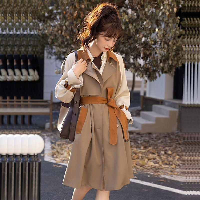 Mid-length Khaki Trench Coat with Belt and Lapel