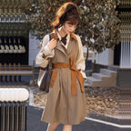 Mid-length Khaki Trench Coat with Belt and Lapel