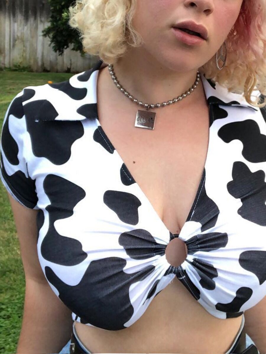 Cow Print Zip Crop Top with Matching Pants