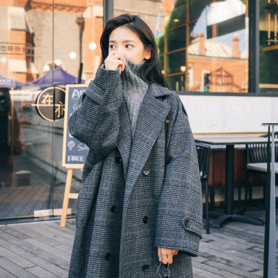 Plaid Over-the-Knee Woolen Coat for Students