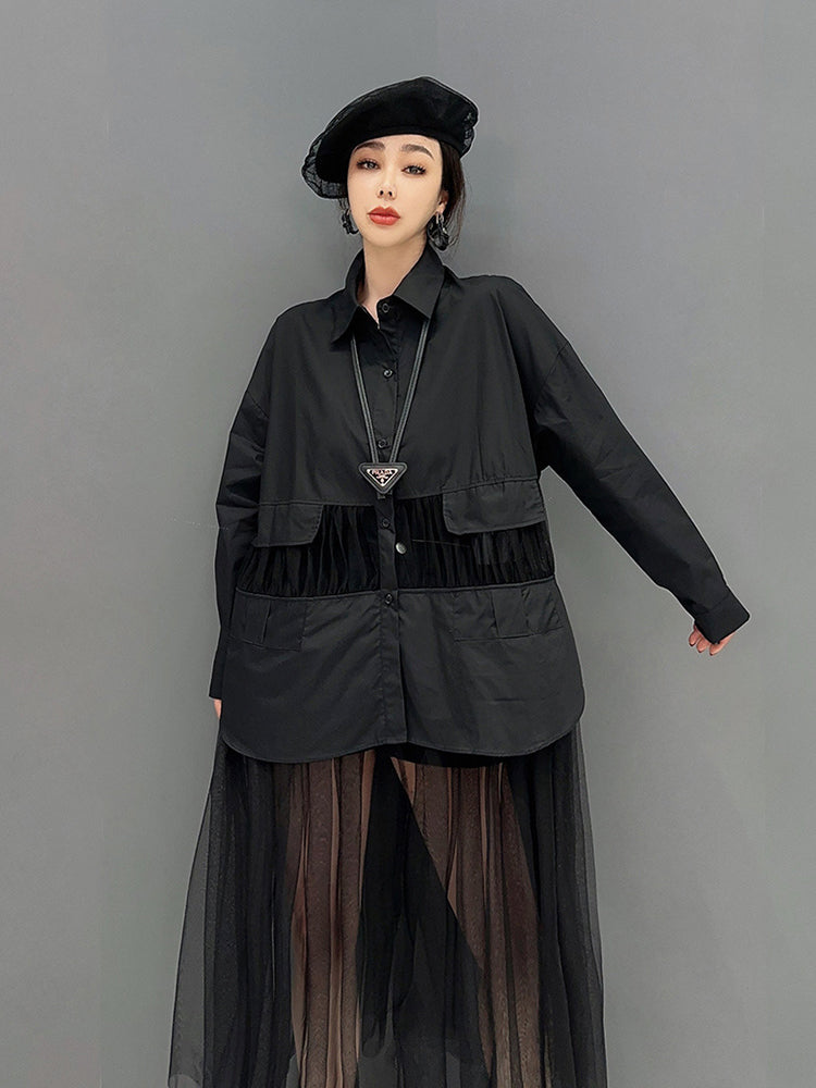 SHENGPALAE Fashion Mesh Spliced Shirt Dress for Women