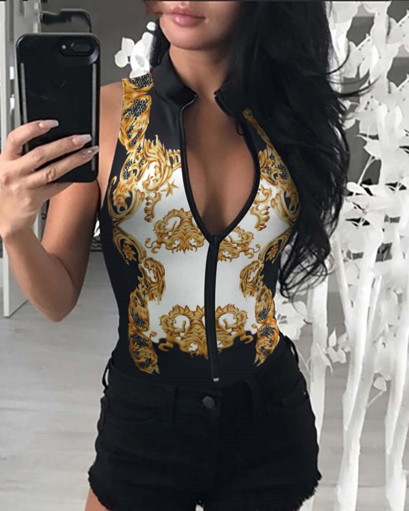 2020 Black Zip Bodysuit with Peacock Print Jumpsuit