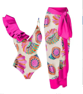 Ruffled Sleeve Pink Swimsuit - Vintage Print (One Set)