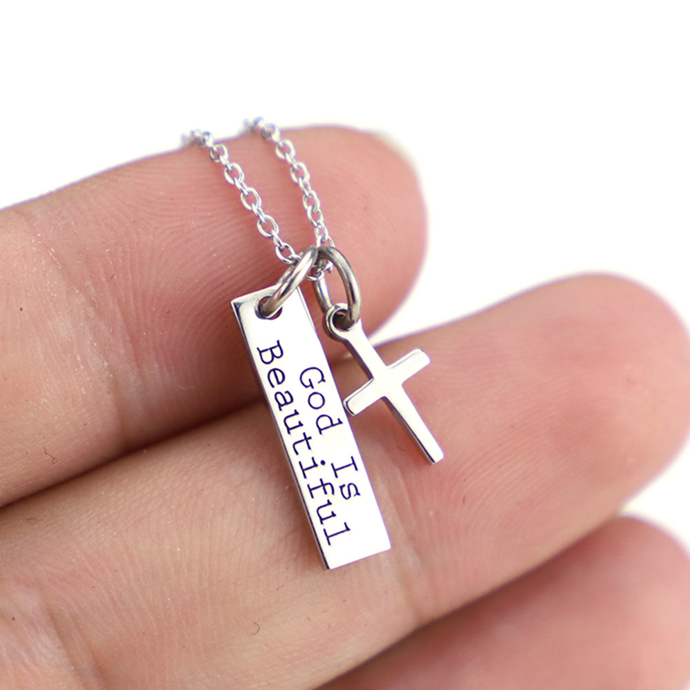 God Is Beautiful Bar and Cross Pendant Necklace